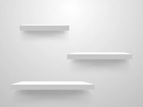 White shelves on a wall mockup. Empty shelf template on light background. Clean Illustrazione stock