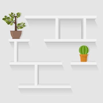 White shelves. White plastic 3d shelves with light shadow on wall. Horizont Stock Illustration