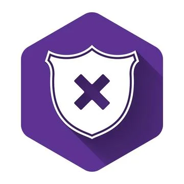 White Shield and cross x mark icon isolated with long shadow. Denied disapproved Illustrazione stock