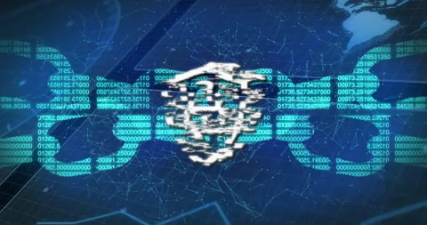 White shield and padlock icon floating over network lines with numeric code Stock Footage 307428419