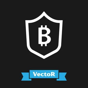 White Shield with bitcoin icon isolated on black background. Cryptocurrency Illustrazione stock