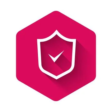 White Shield with check mark icon isolated with long shadow. Security, safe.. Stock Illustration