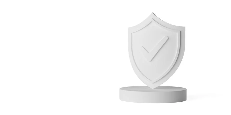 White shield with checkmark standing on podium over white background, busin.. Stock Illustration