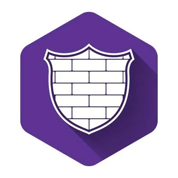 White Shield with cyber security brick wall icon isolated with long shadow. Data 스톡 일러스트