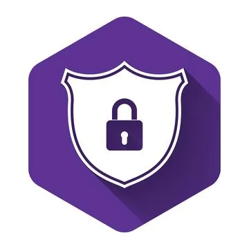 White Shield security with lock icon isolated with long shadow. Protection Stockillustratie