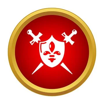 White shield with swords and crown on red round button Stock Illustration