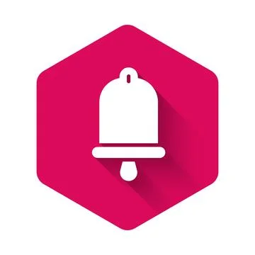 White Ship bell icon isolated with long shadow background. Pink hexagon but.. Stock Illustration