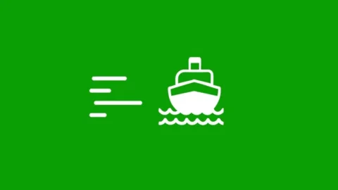 White ship icon animation moving through waves with speed lines on green sc.. Stockbeeldmateriaal 347377592