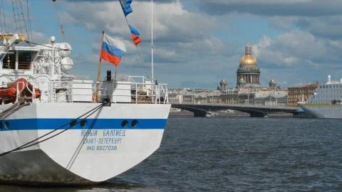 White ship on the Neva river Stock Photos