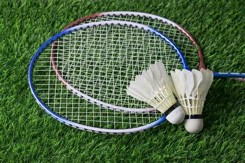 White shuttlecocks and badminton racket rest on artificial grass, outdoor s.. Stock Photos
