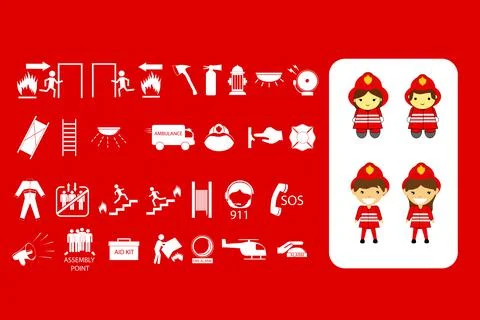 White sign of Emergency at red background with fire fighter man and woman Stock Illustration