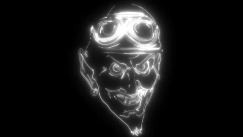 White silhouette of Hand drawing of devil wearing motorcycle helmet on black Stock Footage 276154355