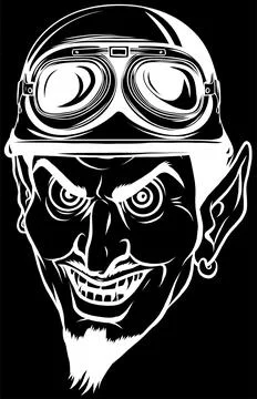 White silhouette of Hand drawing of devil wearing motorcycle helmet on black Stock Illustration