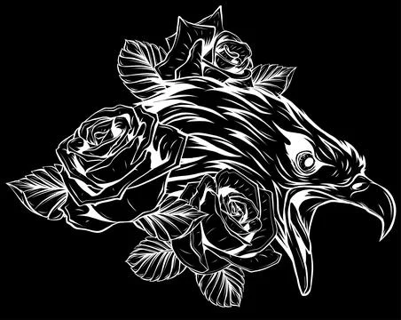White silhouette of head eagle with roses on black background Illustrazione stock