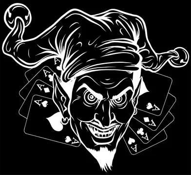 White silhouette of Laughing Devil joker on black background Stock Illustration