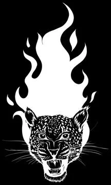 White silhouette of Leopard head with fire on black background Stock Illustration