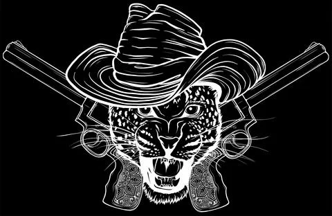 White silhouette of leopard head with guns on black background mascot design 스톡 일러스트