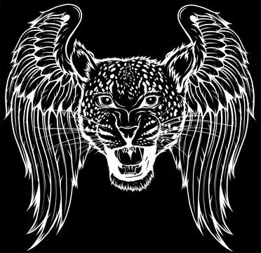 White silhouette of leopard head with wings vector design on black background Illustrazione stock