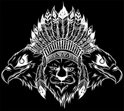 White silhouette of Lion in the Indian roach. Indian feather headdress of eagle Stock Illustration