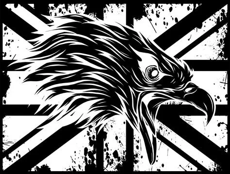 White silhouette of Mascot Head of an Eagle with england flag on black Stock Illustration