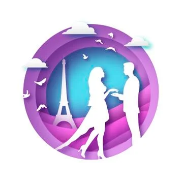 White silhouette of romantic lovers with Eiffel tower in Paris paper cut style Stock Illustration