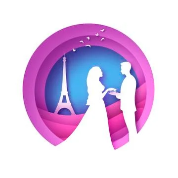 White silhouette of romantic lovers with Eiffel tower in Paris paper cut style Illustrazione stock