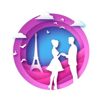White silhouette of romantic lovers with Eiffel tower in Paris paper cut style Stock-Illustration
