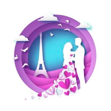 White silhouette of romantic lovers with Eiffel tower in Paris paper cut style Stock-Illustration