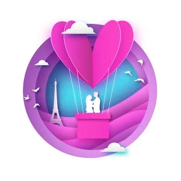 White silhouette of romantic lovers with Eiffel tower in Paris. Pink Paper Stock-Illustration