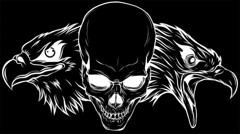 White silhouette of skull with eagle head on black background vector Illustrazione stock