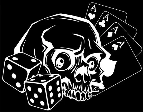 White silhouette of skull Gambling elements concept with royal flush poker on イラスト素材