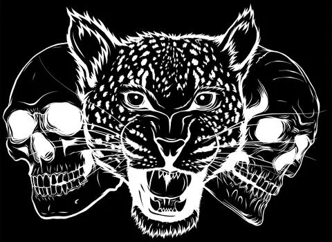 White silhouette of skulls head with leopard on black background. digital hand Stock Illustration