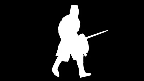 White silhouette of a walking warrior. Alpha channel. Alpha matte. FullHD. Stock Footage 106015639