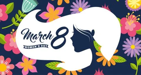 White silhouette woman head hair womens day 8 march floral background Stock Illustration