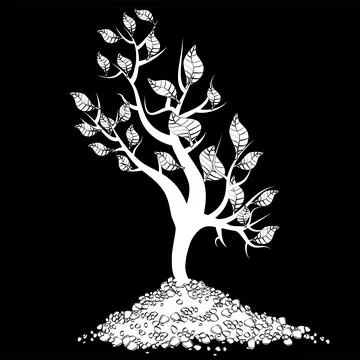 White silhouette of young shoot of tree with leaves in heap of soil isolated  Stock Illustration