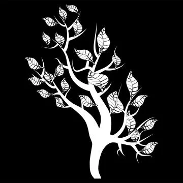 White silhouette of young shoot of tree with leaves isolated on black Stock Illustration