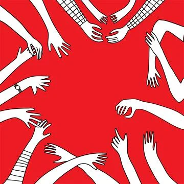 White silhouettes hands in different gestures drawn by hand on red. Stock Illustration