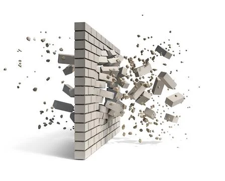 White silicate brickwall is destroyed on many pieces, 3d illustration Stock Illustration