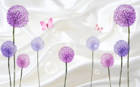 White silk background, soap bubbles, pink butterflies, colorful dandelions Stock Illustration