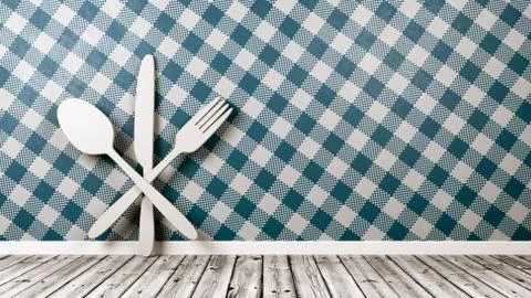 White Silverware 3D Shape on Wooden Floor Against Table Cloth Style Blue Wall Stock Illustration