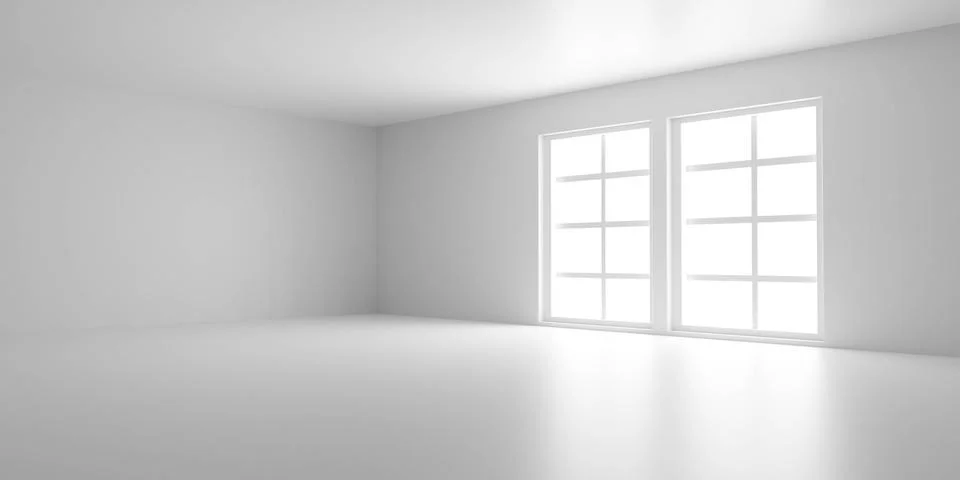 White simple empty room interior with big windows 3d rendere illustration Stock Illustration