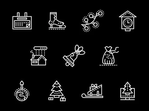 White simple line New Year vector icons Stock Illustration