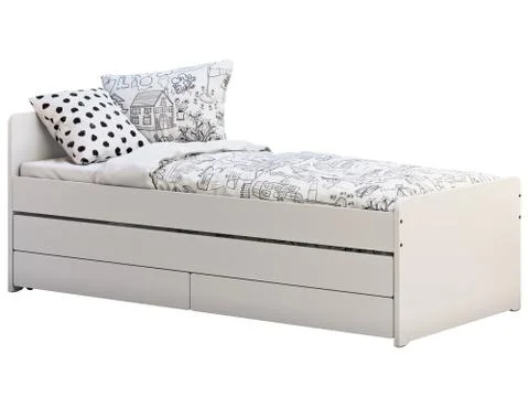 White single children's bed with storage. 3d render Stock Illustration