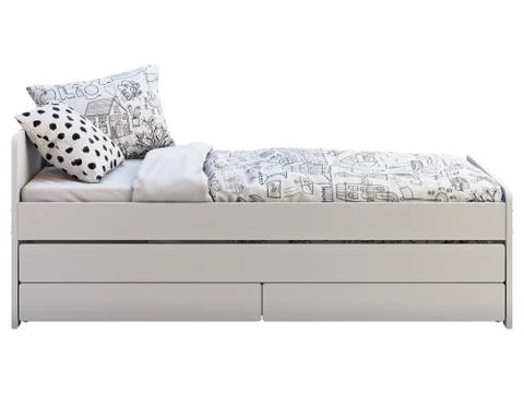 White single children's bed with storage. 3d render Stock Illustration