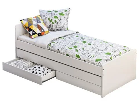 White single children's bed with storage. 3d render Stock Illustration