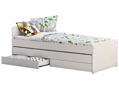 White single children's bed with storage. 3d render Stock Illustration