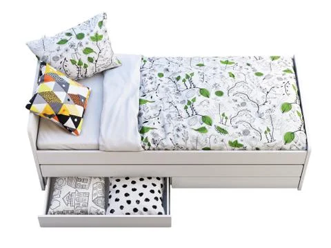 White single children's bed with storage. 3d render Stock Illustration