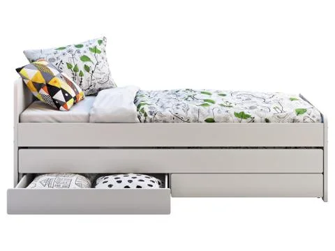 White single children's bed with storage. 3d render Stock Illustration
