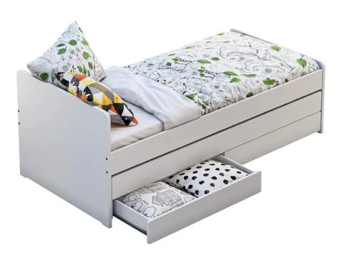 White single children's bed with storage. 3d render Stock Illustration