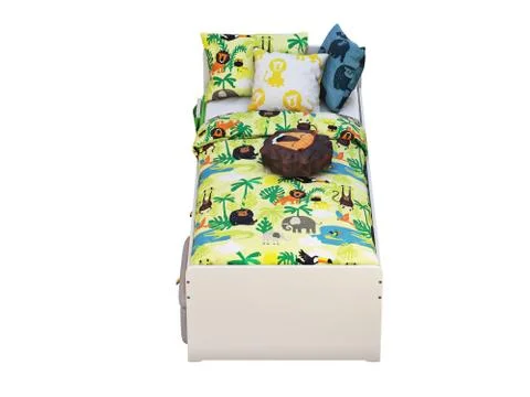 White single children's bed with storage and padded stool. 3d render Stock Illustration